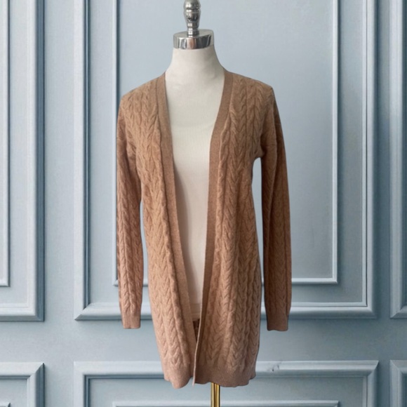 GARNET HILL 100% CASHMERE CAMEL CABLE KNIT CARDIGAN LONG SWEATER